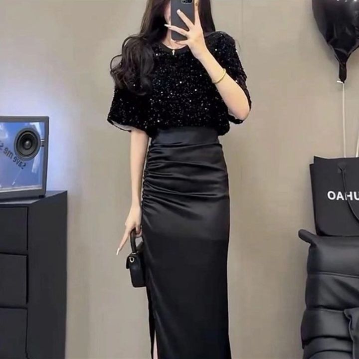 Summer skinny sequin short sleeved top blouse women long pencil skirt Lazada Singapore