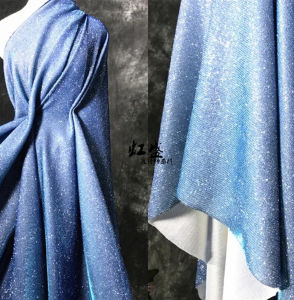 Colorful blue gradual color elastic knitted Sparkling Powder sequins fabric dress fashion show dress designer fabric