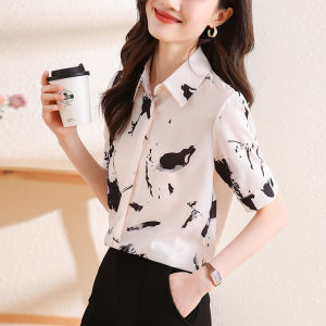 Ammin 2024 mùa hè đơn giản ve áo thời trang in màu mực đi lại áo voan cho phụ nữ phong cách Hàn Quốc tay ngắn áo blouse thanh lịch