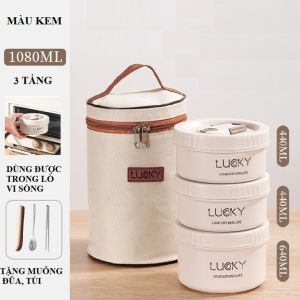 Hộp cơm giữ nhiệt Hộp cơm trưa văn phòng 3 tầng 3 lớp cách nhiệt kèm túi xách giữ nhiệt và muỗng đũa