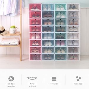 Clear Flip Cover Stackable Shoe Box Organizer - Bundle of 6 Boxes, Transparent and Opaque Pastel Colors, Easy Assembly, Secure Stacking and Attaching, 2 Sizes Available