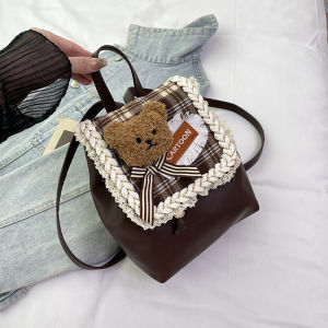 EchoBliss  กระเป๋าเป้หมีสไตล์วิทยาลัยย้อนยุคสำหรับสาวๆ ดีไซน์สก๊อตและโบว์แต่งแต้ม