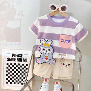 Setelan Anak Perempuan MARELLA Baju Set 2in1 Kaos Garis dan Celana Pendek Import