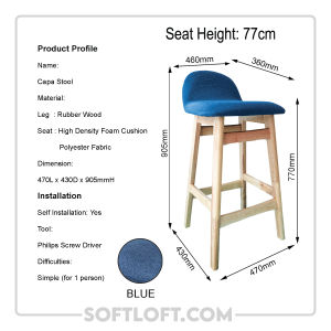 Softloft CAPA Bar Stool 100 % Solid Wood For Counter Island Dining High Tall Chair Bench Kerusi Tinggi Kaunter Kayu Kaunter Bangku
