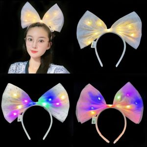 BELLEMODE ห่วงรัดผม แถบคาดศีรษะ LED ของตกแต่งปีใหม่ โบว์น๊อต ที่คาดผมเรืองแสง อุปกรณ์เครื่องแต่งกายคอสเพลย์ ตาข่ายแบบตาข่าย สำหรับผู้หญิง