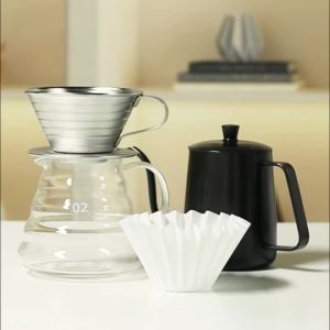 Drip Type Stainless Steel Flat Bottomed Coffee Filter Cup Large Cake Filter Paper Household Hand Brewed Coffee Filter Set