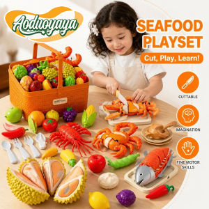 Aoduoyaya Kids Kitchen Pretend Play Toy Set Simulated Seafood Lobster Crab Fish Chicken DIY Assembly Disassembly Cutting Food