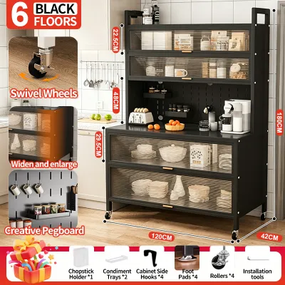 【SG Local Seller】6 Tier Mobile Kitchen Storage Cabinet With Magnetic Rotating Door DIY Pegboard Multifunctional Kitchen Buffet Sideboard Rolling Microwave Shelf Organizer With Lockable Wheels For HDB Home Kitchen