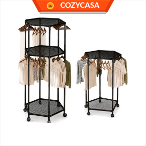 【CozyCasa】 Space-Saving Hexagonal Clothes Rack with Wheels Mesh Shelves Basket