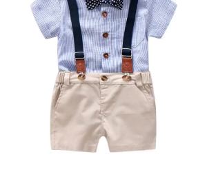 2026 New Summer Boys Gentleman Clothing Suits Shirt Bowtie + Suspender Shorts Sets Kids Toddler Boys Clothes Wedding Party Birthday Costumn 1 2 3 4 5 6 Years