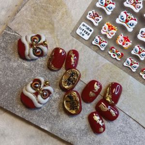 EXCES Cute Awake Lion Nail Art Sticker Lion Head Traditional Nail Art Decals Soft Self Adhesive Nail Art Ornament Chinese New Year