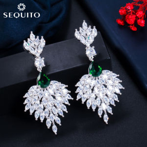 SEQUITO Sang Trọng Rực Rỡ Cắt Trang Sức Toòng Teng Dáng Dài Hình Chiếc Lá Zirconia Trong Suốt Bông Tai Cô Dâu Treo Dành Cho Đám Cưới SE295