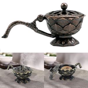 OPEAREY Metal Lotus Incense Burner with Handle Hollow Out Aromatherapy Stove Durable Ancient Style Aroma Furnace Home Interior Decoration