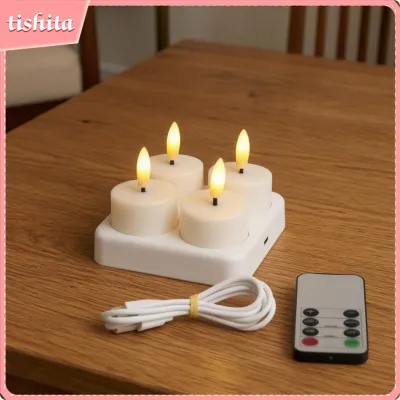 Tishita 4 cái có thể sạc lại nến thơm màu trắng ấm phát sáng Led ánh sáng trà với Ốp tích hợp sạc dự phòng không dây cho trang trí nội thất 4-gói mà không cần cốc