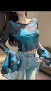 WomenS Tie Dye Mesh Long Sleeve T-Shirt Crewneck Comfortable Breathable Casual Summer Tops