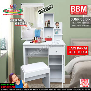 Meja Rias Putih Glossy Mengkilap Cermin Geser / Sliding + Kursi / Bangku dgn busa empuk Bahan Tebal