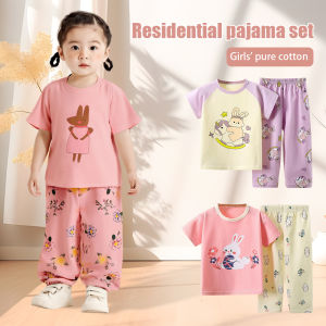 【Local Stock】100% Cotton Children's Summer Set Short Sleeved+Long Pants 2pcs Cute Cartoon Girls Pajamas Breathable Children's Clothing Set