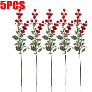 5Pcs 45cm Long Christmas Red Berry Articifial Flower Holly Leaves Branch Christmas Tree Decor Ornament Xmas Gift Packaging Home DIY Wreath