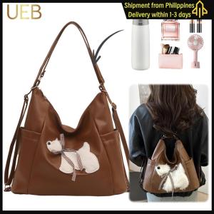 【UEB】PU Leather Plush Puppy Shoulder Bag Multi-Pockets Trendy Dog Printed Sling Bag Casual Tote Bag Commute Backpack