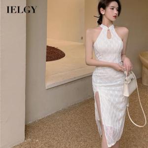 IELGY Womens Chinoiserie Modified Cheongsam Fashion Halter Off Shoulder Midi Dress