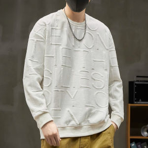 Mens long sleeved round neck hoodie versatile letter concave convex three-dimensional top new trendy brand loose casual long sleeved t-shirt
