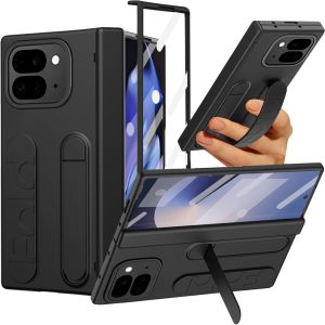 Hinge Protection for Google Pixel 10 Pro Fold Case with Screen Protector & Wrist Strap & Hidden StandLeather Wristband Grip Matte Hard Plastic Full Body Shockproof Phone Case for Google Pixel 9 Pro Fold Case