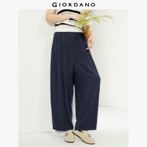 GIORDANO Women Pants Elastic Waist Wide Leg Pleated Pants Solid Color Ankle Length Simple Fashion Casual Loose Pants 18423901