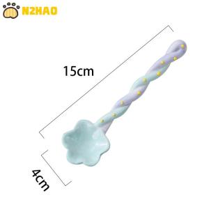 【N2HAO】 1Pc Ceramic Long Handle Spoon Cute Ice Cream Hand Painted Dessert Spoon with Long Handle Kitchen Tableware Accessories
