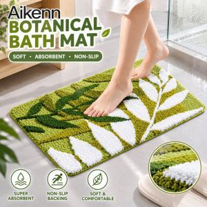 Green Leaf Plush Floor Mat Absorbent Antislip Quick Drying Soft Bathroom Kitchen Entryway Rug Doormat