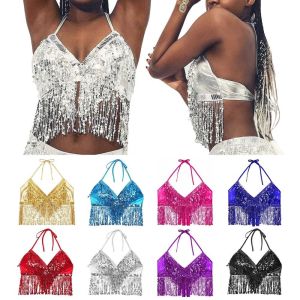 CHUAN Stage Sequin Dance Wear Tassel Belly Dance Bra Halter Bra Show Costumes Performance Top