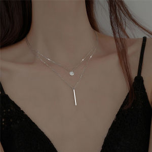 Lovely girls house Square Full Zircon Round Double Layer Necklace for Women Ins Clavicle Gold Silver Long Chain Pendant Simple Temperament Necklace