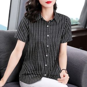 Short-sleeved Striped Shirt Womens 2022 New Plus Size Top Lapel Style Mid-length Cardigan Workwear Tops Fashion Shirts