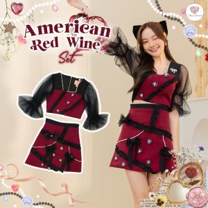 Maria Diamond Brand การันตีเสื้อผ้าแบรนด์แท้ เซ็ทเสื้อ+กระโปรงในตัวผ้าพื้นเเต่งอะไหล่สุดปังโทนสีเเดงไวน์สุดเเซบ สวย ละมุน สไตล์มาเรีย