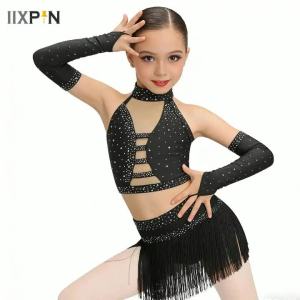 Kids Girls Jazz Dance Outfits Performance Costume Sparkly Rhinestones Crop Top with Tassel Briefs Skirt for Rhythmic Gymnastic2026