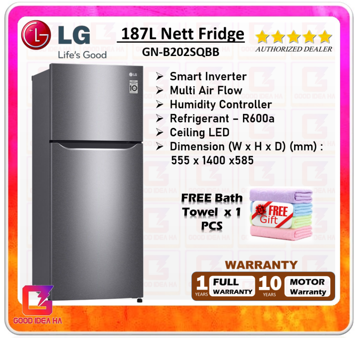【BEST PRICE】*FREE BATH TOWEL* LG Fridge GNB202SQBB / GNB202SQBB 187L Nett Top Freezer with