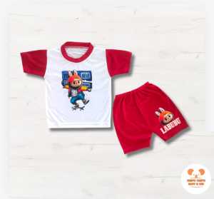 Baju Set Bayi Oblong Setelan Lengan Pendek Celana 3 15 Bulan Bahan Lembut Motif Labubu Lucu Kekinian