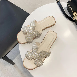 Free Shipping New Pearl And Rhinestone WomenS Shoes Fashionable Slippers For Women Summer Outdoor Beach Flat Sandals Preppy Style