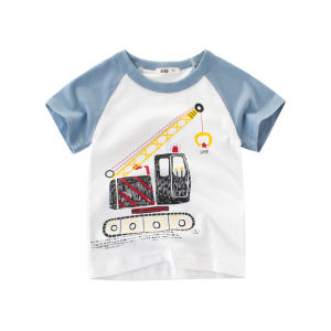 Excavator Boy T-Shirt Kids Short Sleeve Top Boys Clothing Stitch Cotton Tshirt Baby Truck Tops