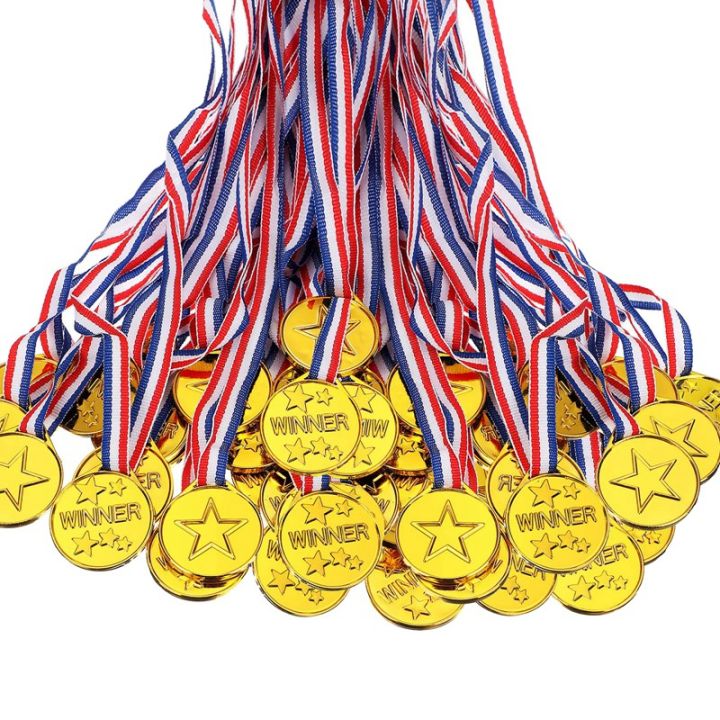 JoyAbit Gold Winner Medal Necklaces - Pack Of 24 - Gold Plastic Winner Awards - Great Party Favors, Bag Stuffers, Fun, Toy, Gift, Prize