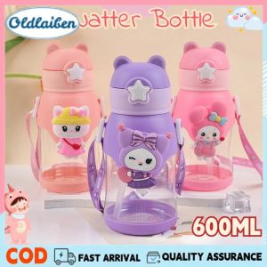 Oldlaiben 600ml Sanrio Kuromi Water Bottle for Kids Cute Anti-Fall Straw Cup with Shoulder Strap Leakproof Travel Drinkware for School & Sports