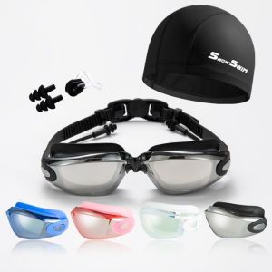 FEEZE ป้องกันหมอก ชุดแว่นตาว่ายน้ำสำหรับผู้ใหญ่ ปรับได้ปรับได้ พร้อมคลิปหนีบจมูกและที่อุดหู หมวกว่ายน้ำซิลิโคน แว่นตาว่ายน้ำว่ายน้ำ เบามาก แว่นตาแบนชุบโลหะด้วยไฟฟ้า ฤดูร้อนฤดูร้อนฤดูร้อน