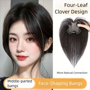 NOVELLEO Middle Part Hair Toppers Wigs with Bangs Hair Extension Clip In Fringe Hair Pieces Invisible Natural Synthetic Hair Bangs for Women