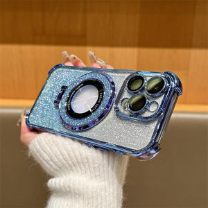 CrashStar With MagSafe Stand Holder Plating Glitter Hard Shockproof Phone Case For iPhone 15 14 Pro Max Plus 13 12 11 Pro Max Wireless Charging Phone Casing Transparent Protective Cover With Full Cover Lens Camera Protection