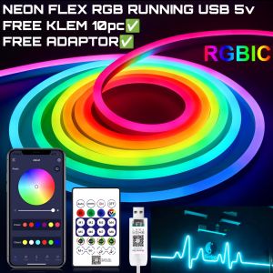 LAMPU NEON FLEX 5M 5 METER 5V RUNING LED SENSOR SUARA REMOTE DETAK JANTUNG GERATIS KLEM DAN ADAPTOR