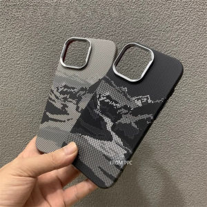 Mountain River Print Case Cover for iPhone 17 16 15 Pro Max Carbon Fiber Hard Camera Metal Lens Protective Funda Hull