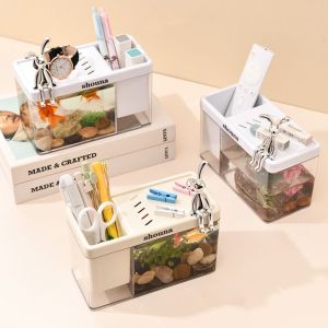 SWEET ELVES เล็กๆน้อยๆ ถังระบบนิเวศสะเทินน้ำสะเทินบก พลาสติกทำจากพลาสติก โปร่งใสโปร่งใส ชามปลาทองชาม ภูมิทัศน์สำหรับบ้าน พร้อมฝาปิดและเครื่องประดับกระต่าย ถังเลี้ยงปลา ออฟฟิศสำหรับทำงาน