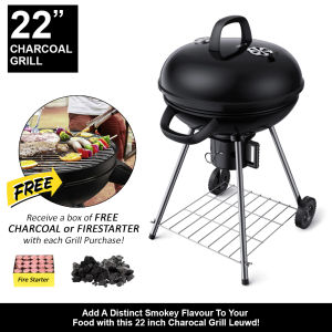 22-Inch BBQ Black Enamel Charcoal Grill with Trolley Wheels | Lid Thermometer | Easily cook 10-13 patties at a time!