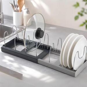 Adjustable Pot & Pan Rack Dish Rack 7-Slot Expandable Dish Plate Storage Household Chop Board & Pot Cover Holder Kitchen Countertop Organiser Pan Plate Holder Shelf