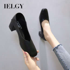 IELGY womens high heels reversible shallow mouth 5cm thick heel square toe small leather shoes