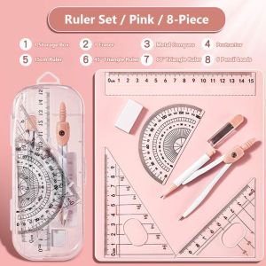CANICE 8PCS/Set Plastic Ruler Compasses Set Transparent Eraser Protractor Multi-Function Straight Ruler Measuring Ruler Students